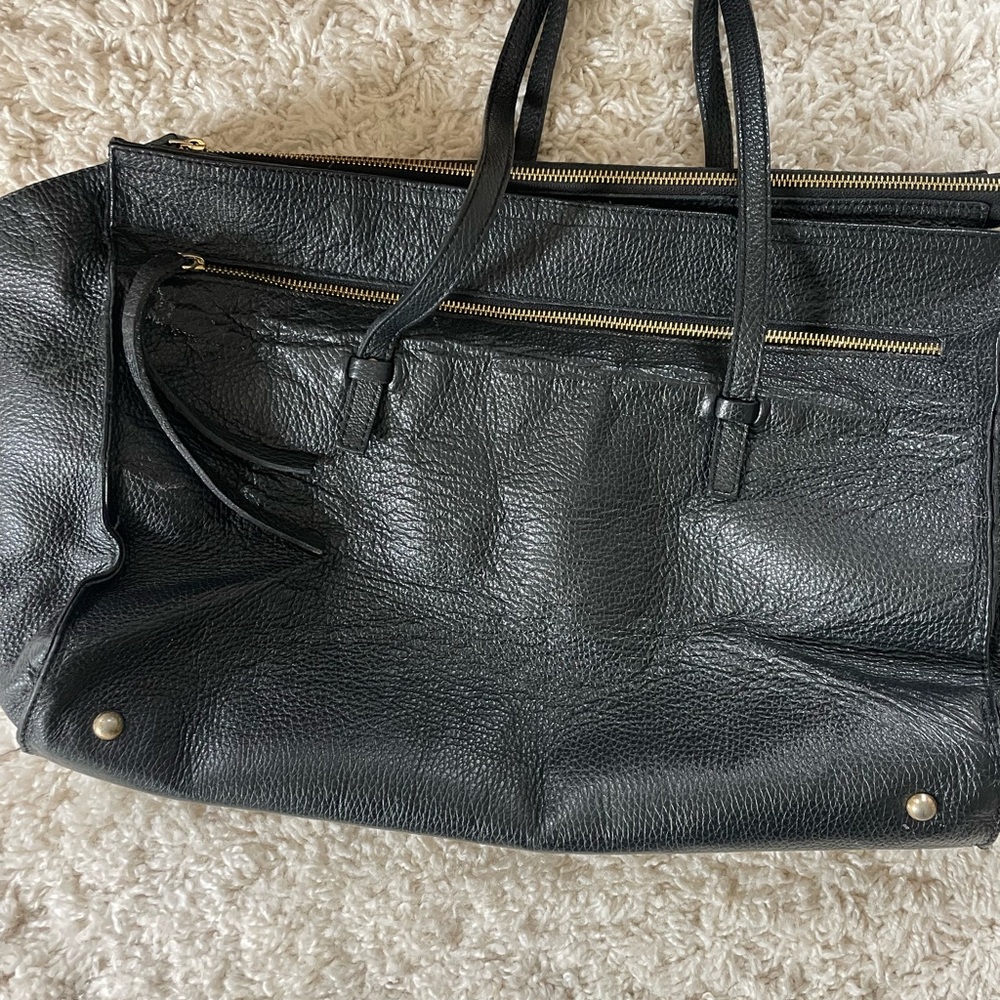 Black Leather Tote Handbag with Front Zip Pocket